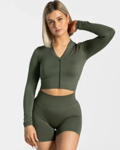 Hot Veste de sport Statement Zip « kaki » Femme Hauts À Manches Longues